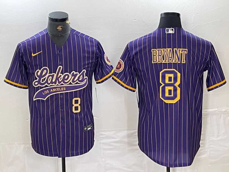 Men%27s Los Angeles Lakers #8 Kobe Bryant Purple Pinstripe Cool Base Stitched Baseball Jerseys->los angeles lakers->NBA Jersey